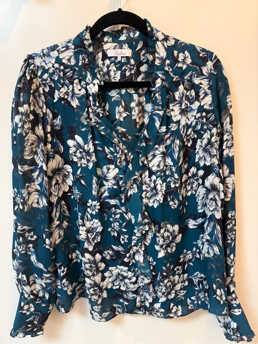Parker Teal and White Floral Ruffle V-Neck Blouse